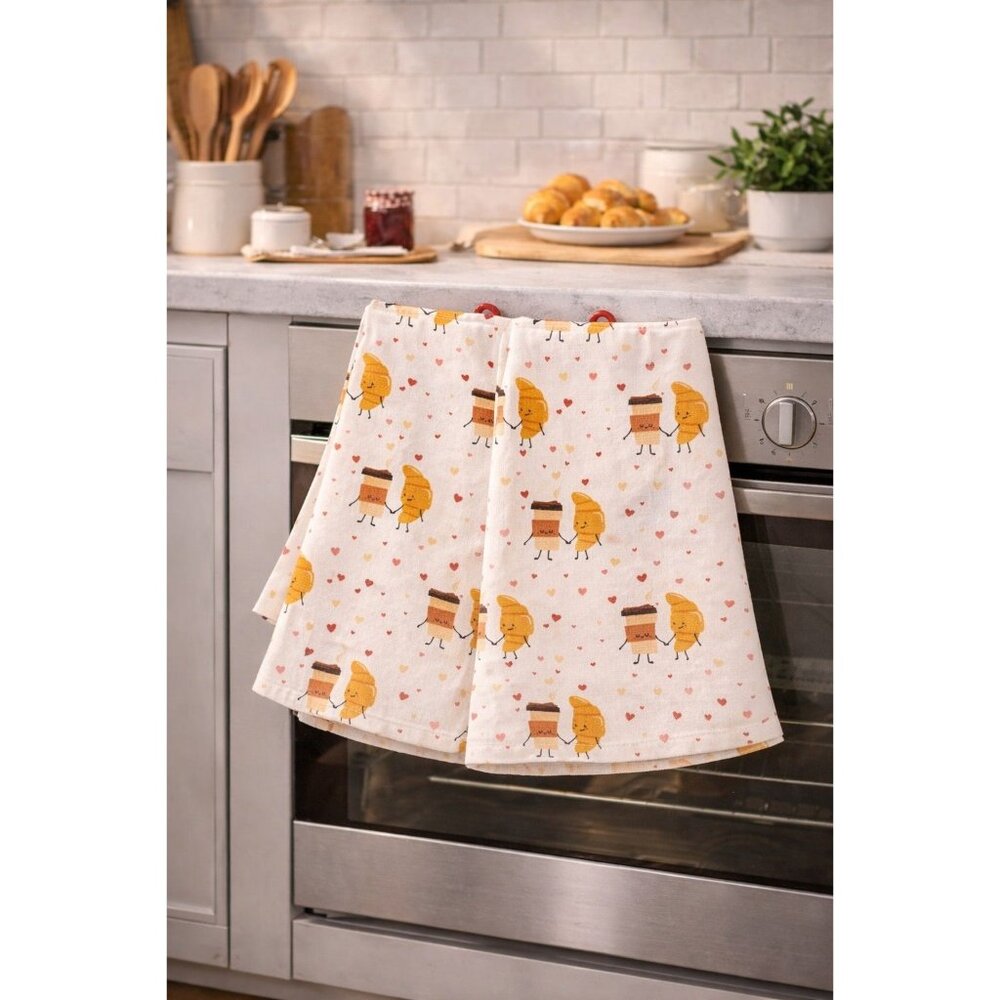 New Set 2 Valentines Day Love Croissant & Coffee Holding Hands Kitchen Towels